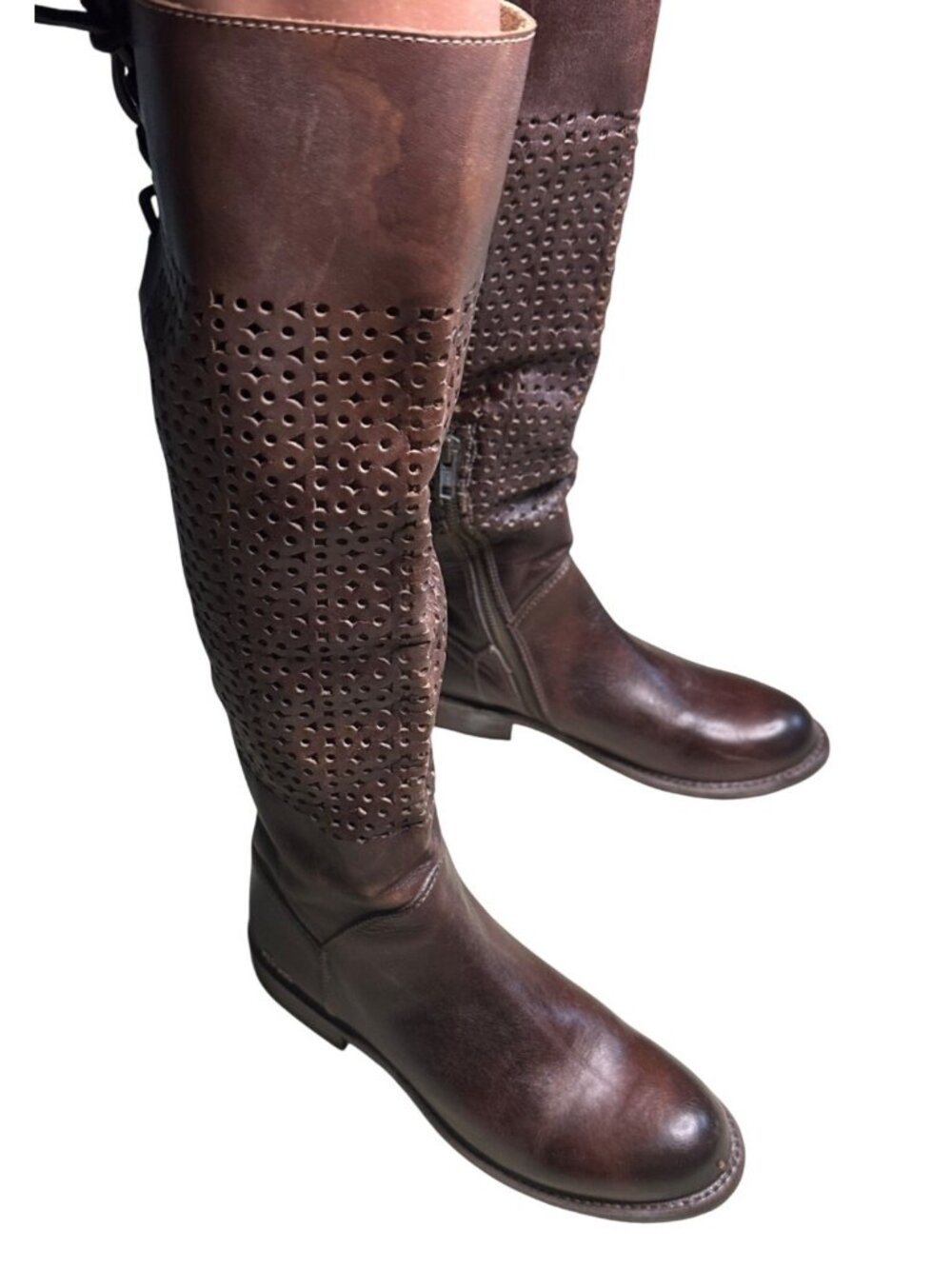 Bed Stu Cambridge Driftwood Brown Leather Perforated Tall Knee High Boots Size 7